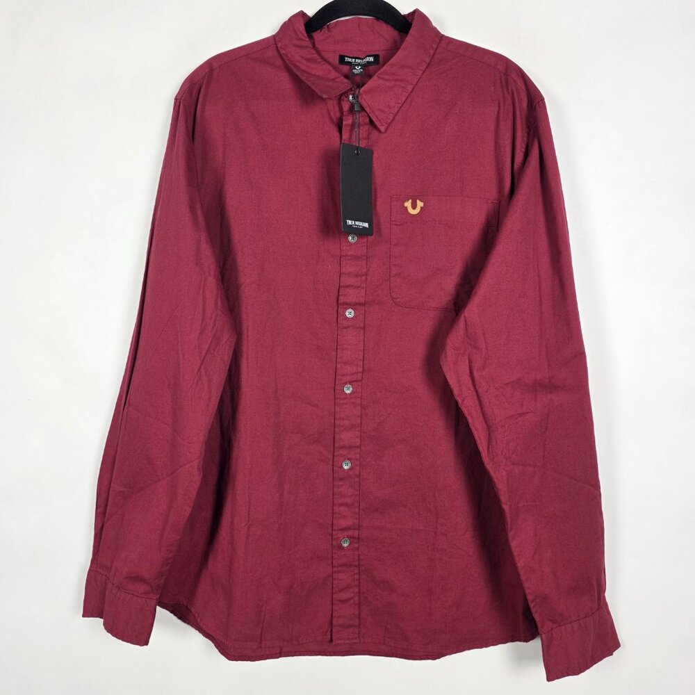 True Religion Embroidered 100% Cotton NWT Mens 2XL Long Sleeve Red Button Shirt
